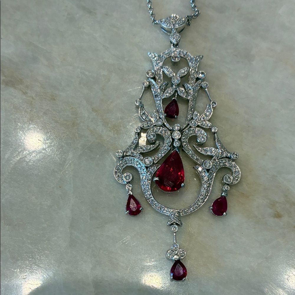 Elegant White Gold and Ruby Teardrop Pendant Necklace - Picture 2 of 4